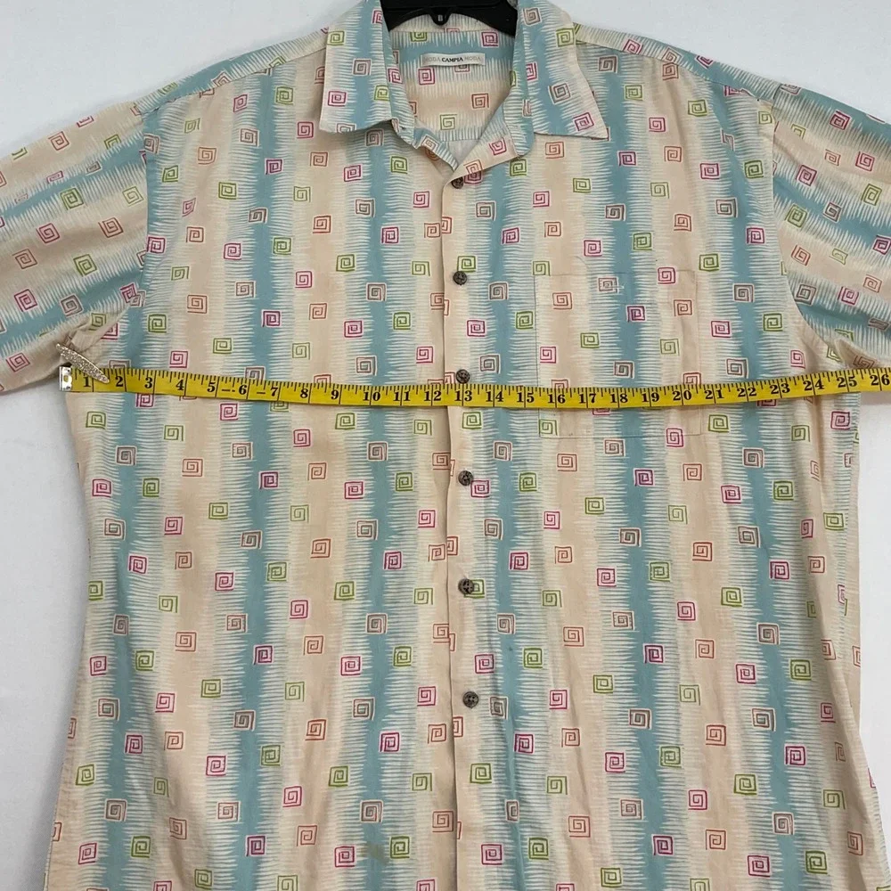 Moda Campia Moda Mens XL Cotton Button Down Shirt Geometric Spiral Ikat Teal Tan - Picture 5 of 9